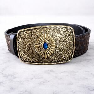 Black Tooled Leather Western Belt Gold Ornate Buckle Blue Stone New